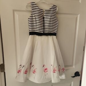 Striped Black and White Kids Dress with Flamingo Design
